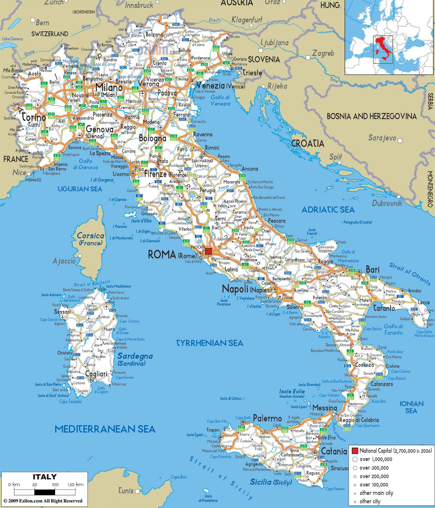 Italien road map - Road karta över Italien detaljerad (Södra Europa